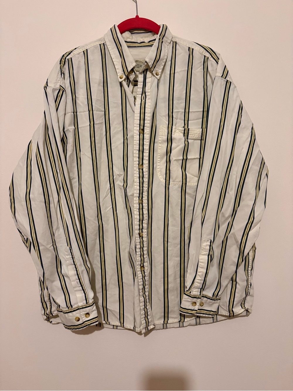 Vintage Eddie Bauer Button-Down Shirt in White with Blue, Green, &Yellow Stripes